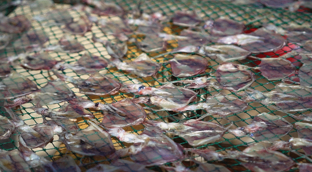 Sorted squid and drying it under the scorching sun